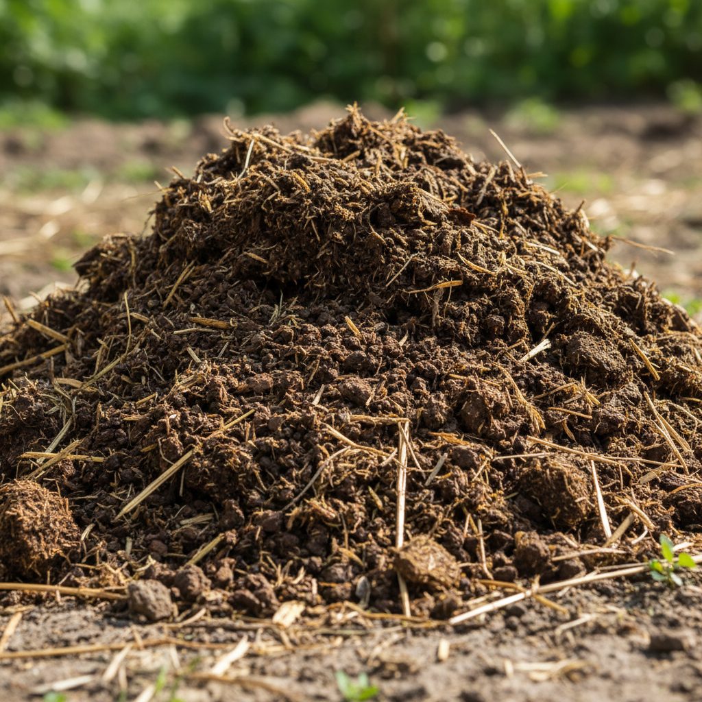 A close-up photograph of rich, dark composted horse manure mixed with straw bedding, ready for the garden.