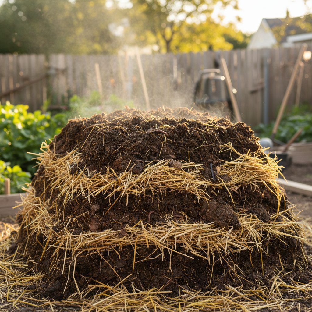 Building a manure compost pile with distinct layers of manure and straw.