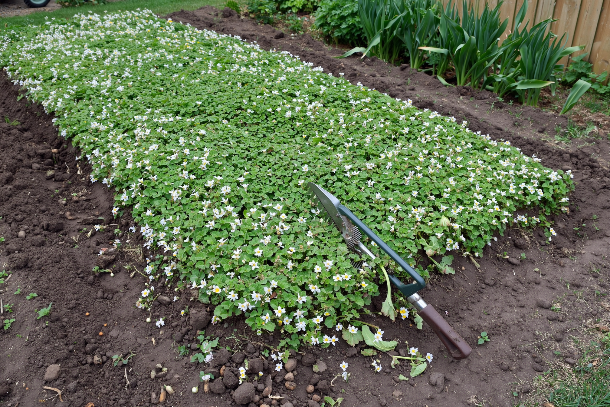 A home garden bed where a flowering cover crop has been chopped down at the base and left lying as a green mulch over the soil, hand shears resting on top