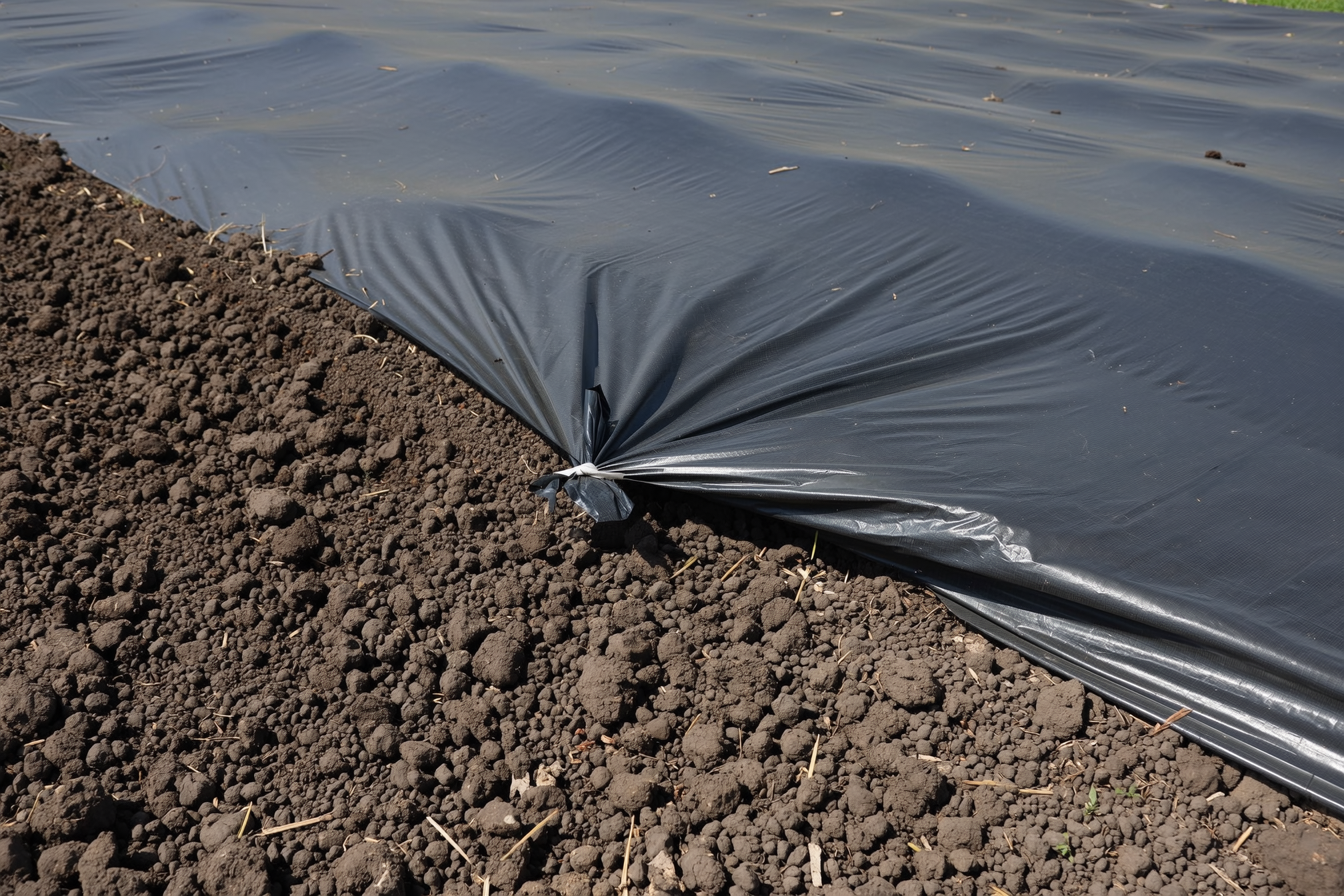 A garden bed half covered by a black tarp pinned over a terminated cover crop, the other half showing dark crumbly soil ready for planting