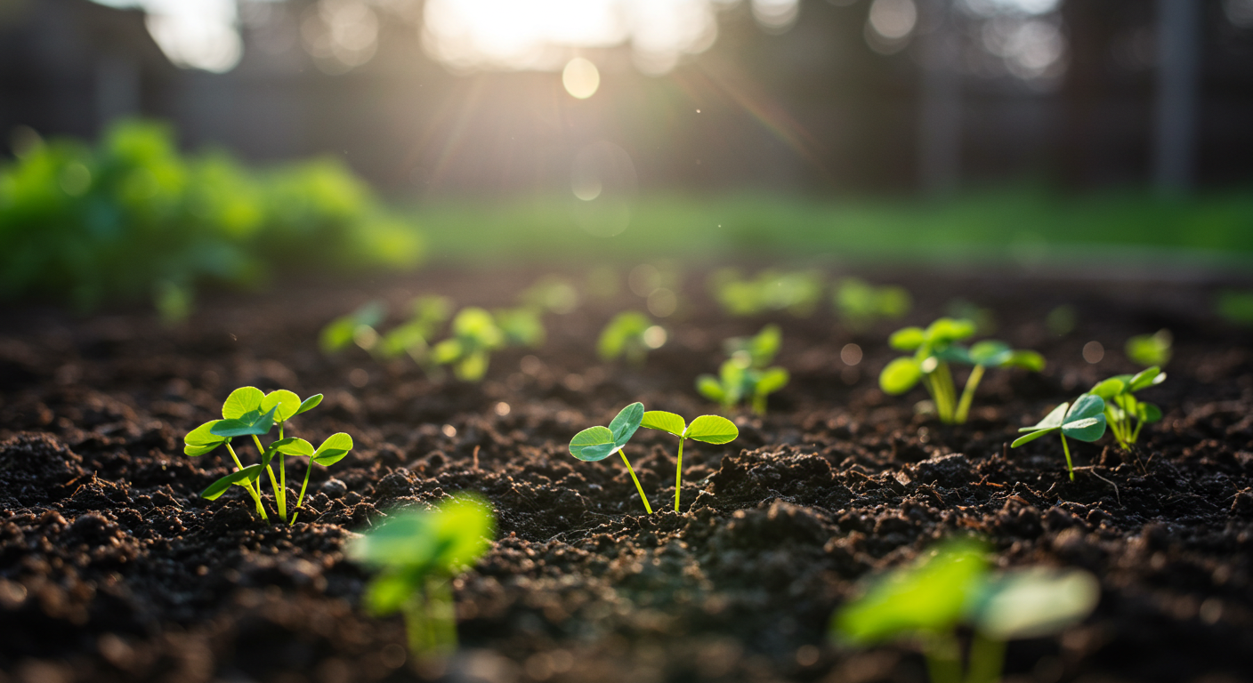 A close-up, ground-level photograph of newly sprouted green cover crops, possibly clover and rye, emerging from dark, rich, moist garden soil. The healthy seedlings are vibrant against the deep brown earth, suggesting fertile ground and sustainable gardening practices. The background is gently out of focus, showing other verdant garden elements.