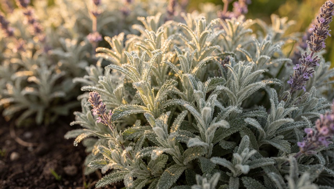 Close-up of silvery lavender and catmint foliage beaded with morning dew in a garden border, their aromatic leaves catching low sunlight.