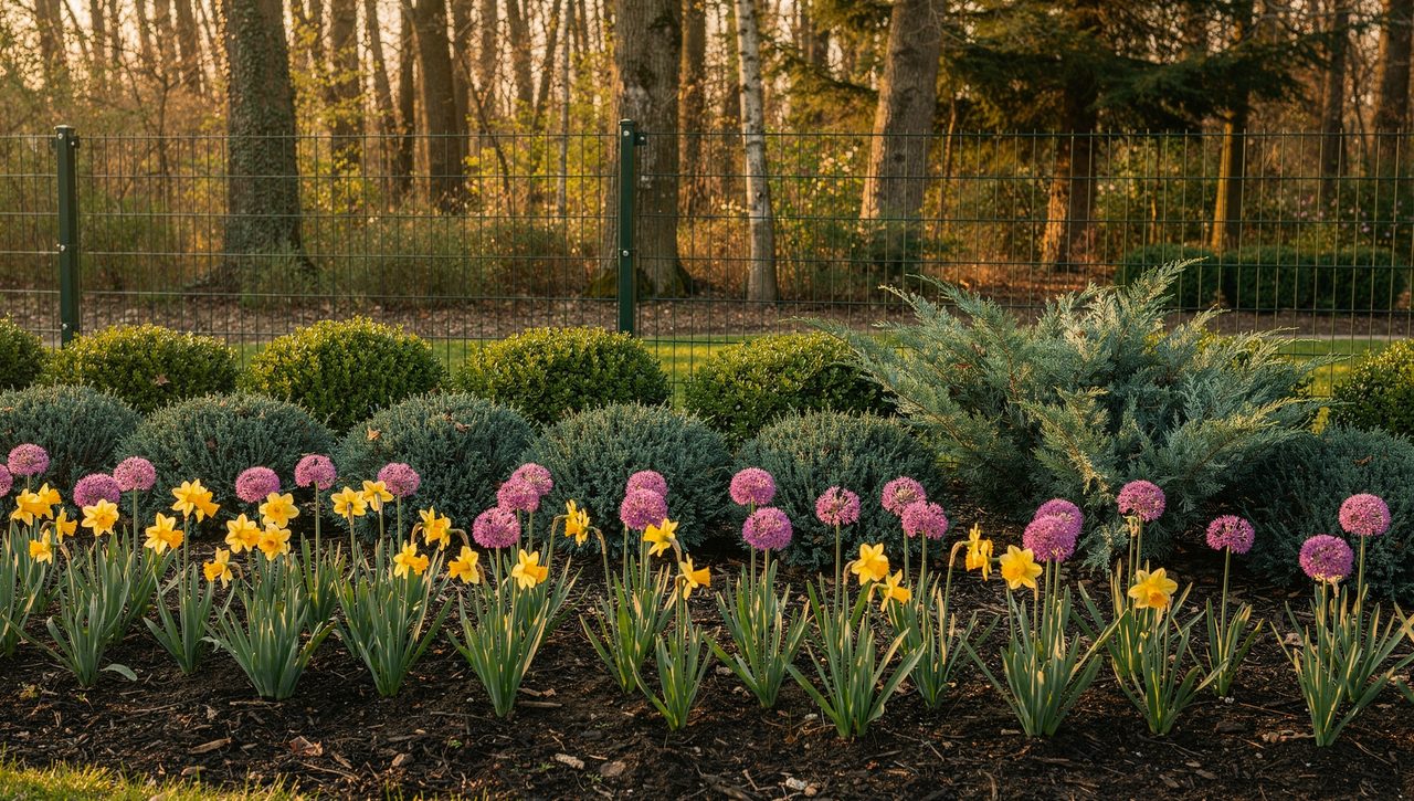 A layered deer-resistant garden border with daffodils and alliums in front of boxwood and juniper, edged by a tall wire deer fence at the woodland line.