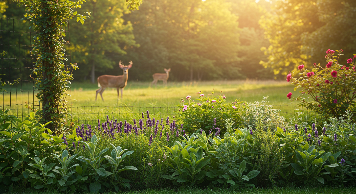 A photorealistic image showing a meticulously maintained garden border filled with various deer-resistant plants. In the foreground, vibrant lavender bushes, rosemary, and lamb's ear thrive under soft sunlight. In the background, a tall, dark wire garden fence blends into the landscape, and a lone white-tailed deer grazes calmly in the distance, away from the protected garden beds.