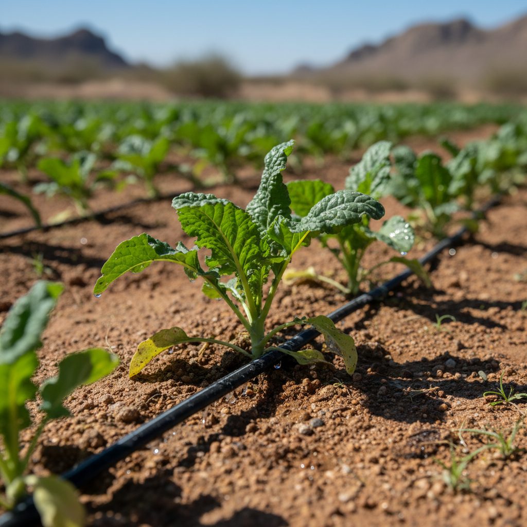 Drip irrigation system effectively watering a row of green vegetables in a desert garden, showcasing water efficiency.