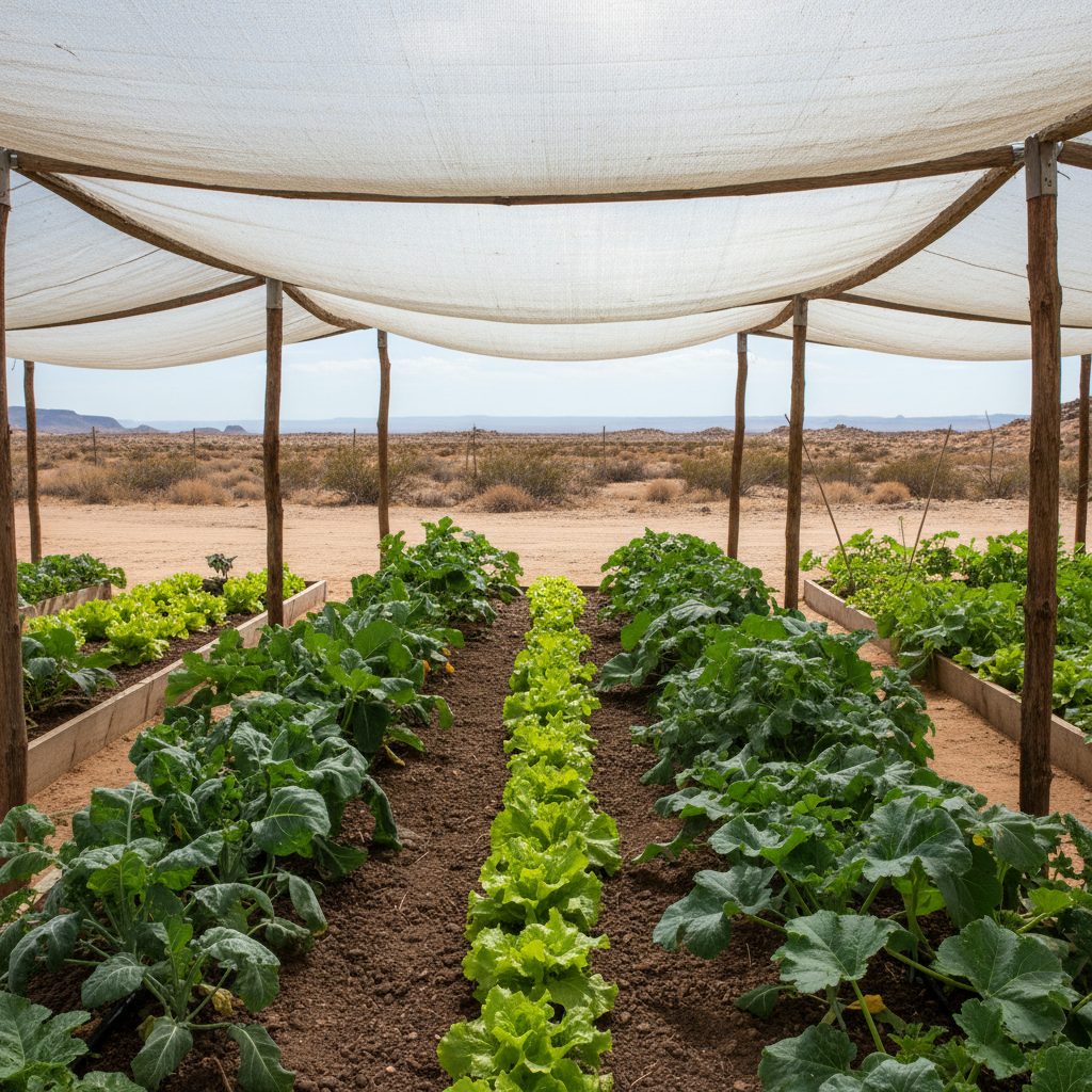 A vegetable garden protected by a shade cloth structure, demonstrating heat mitigation in a sunny desert environment.