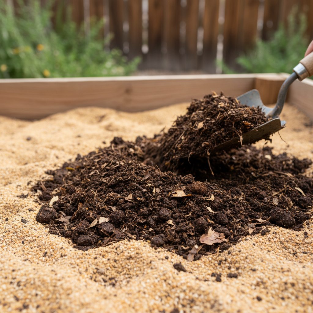 Close-up of dark, rich compost being incorporated into light, sandy desert soil in a raised garden bed.