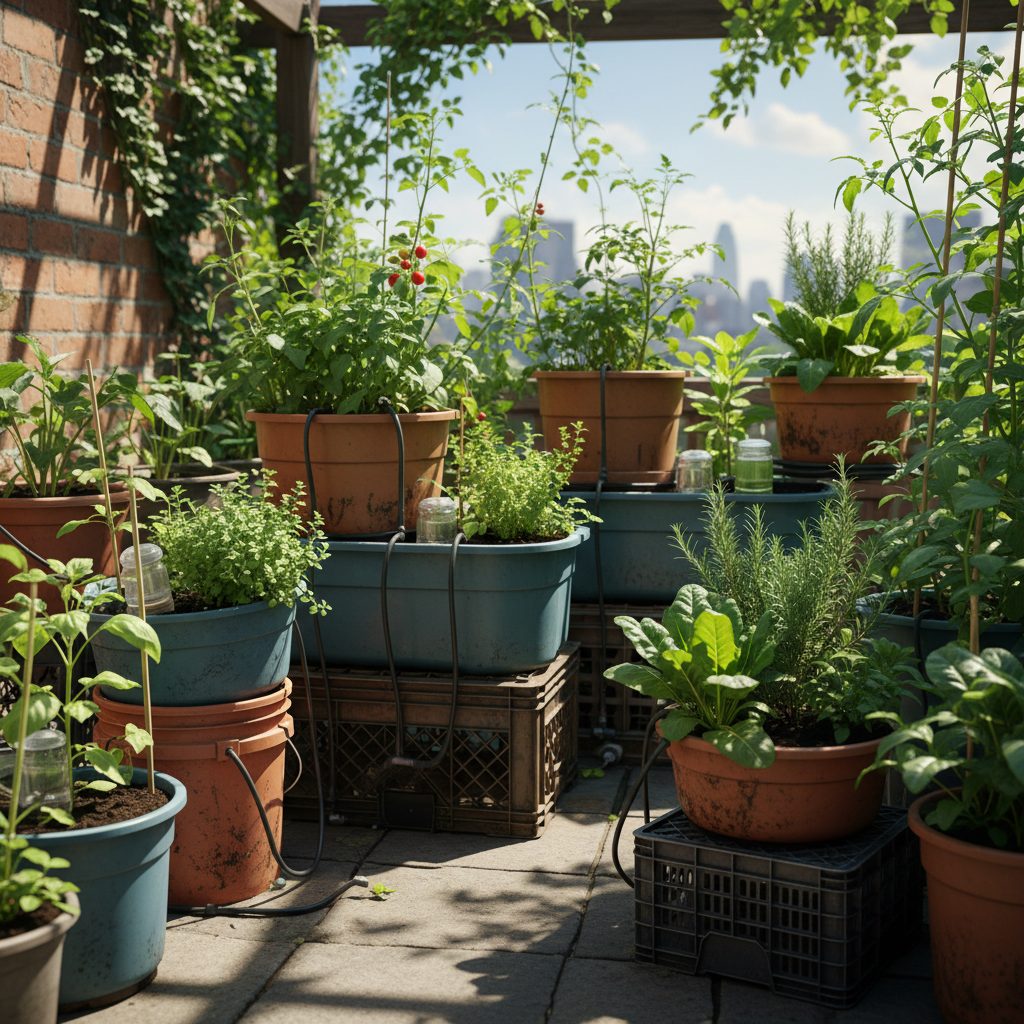 A thriving urban patio garden with various DIY self-watering containers, including bucket systems and mini wicking beds, filled with lush green plants like tomatoes and herbs.