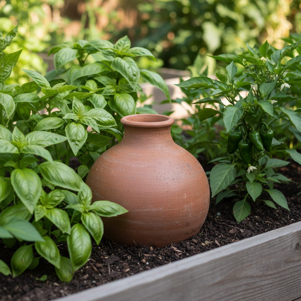 An unglazed clay olla buried in a garden bed, slowly releasing water to surrounding basil and pepper plants.