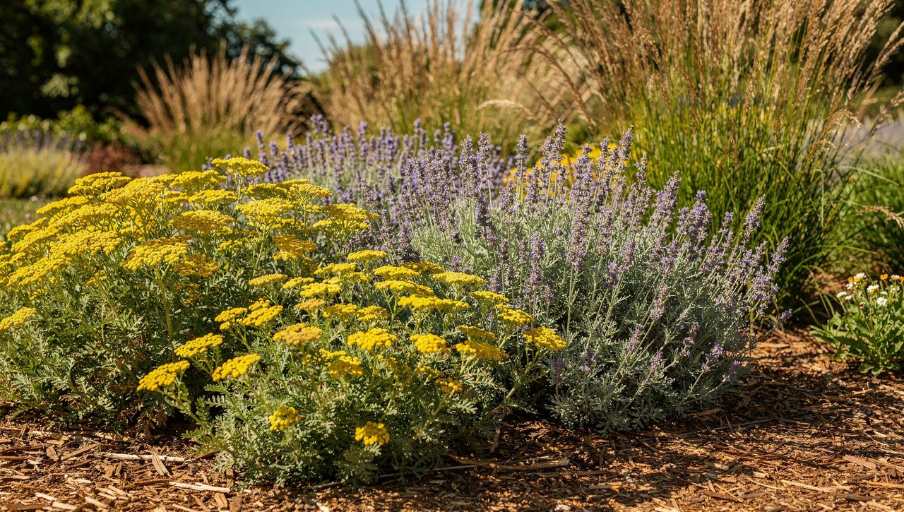 A mixed dry border of flowering yarrow, blue catmint, and ornamental grass mulched with bark on a sunny afternoon.