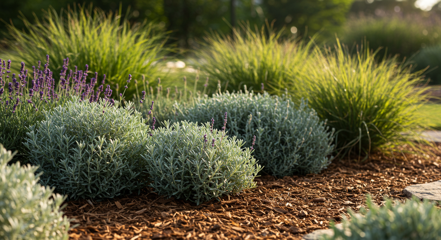 A photorealistic image of a vibrant, low-water garden bed showcasing established drought-tolerant plants, including silver-leaved herbs, succulents, and native grasses, thriving under natural sunlight. A visible 2-3 inch layer of organic mulch covers the soil, conserving moisture. The scene emphasizes sustainable gardening practices.