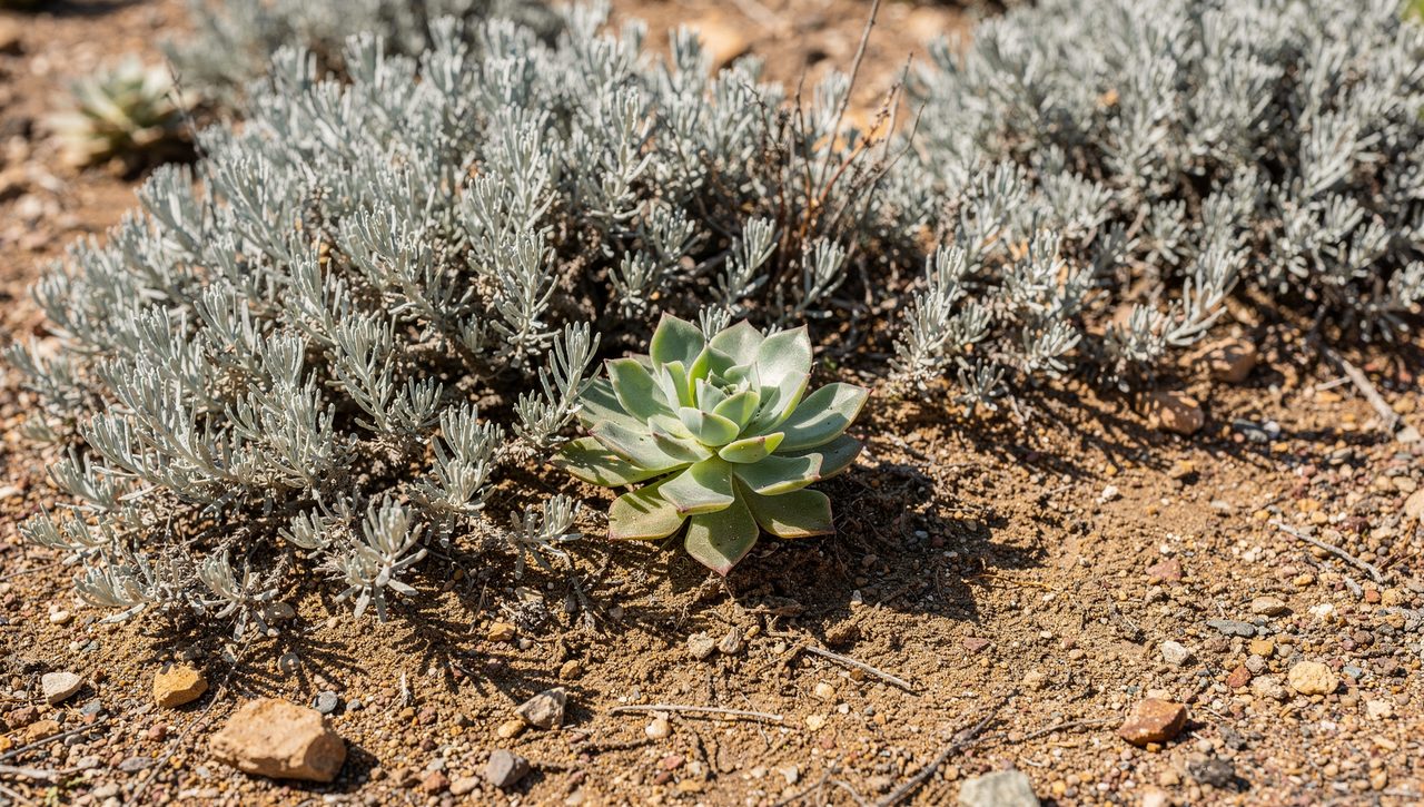Close view of silver-gray drought tolerant foliage and a succulent sedum rosette growing in lean gravelly soil under bright sun.