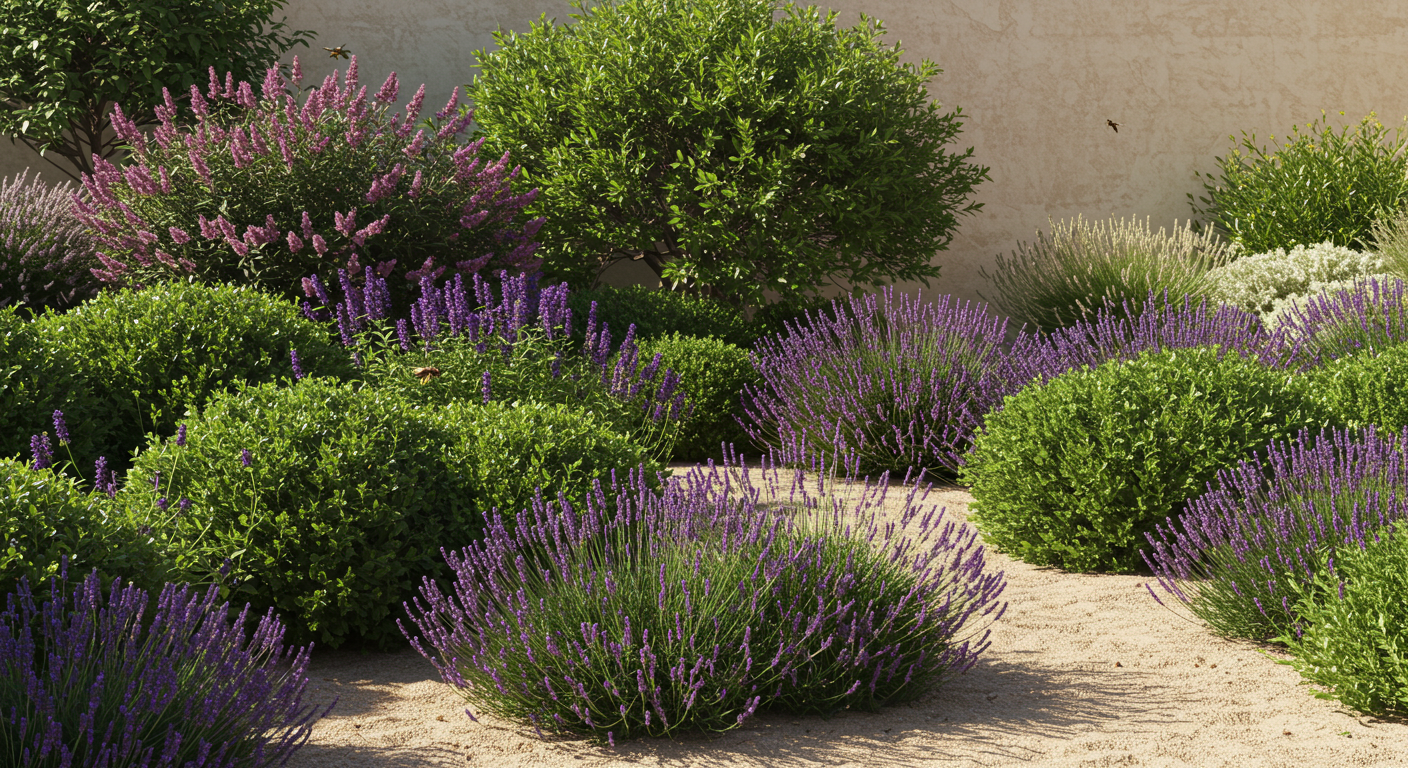A sun-drenched xeriscape garden with mature, verdant drought-tolerant shrubs, including fragrant lavender and deep green rosemary, providing a layered structural design. Bees are actively pollinating the purple lavender blooms, illustrating the ecosystem benefits of water-wise planting.