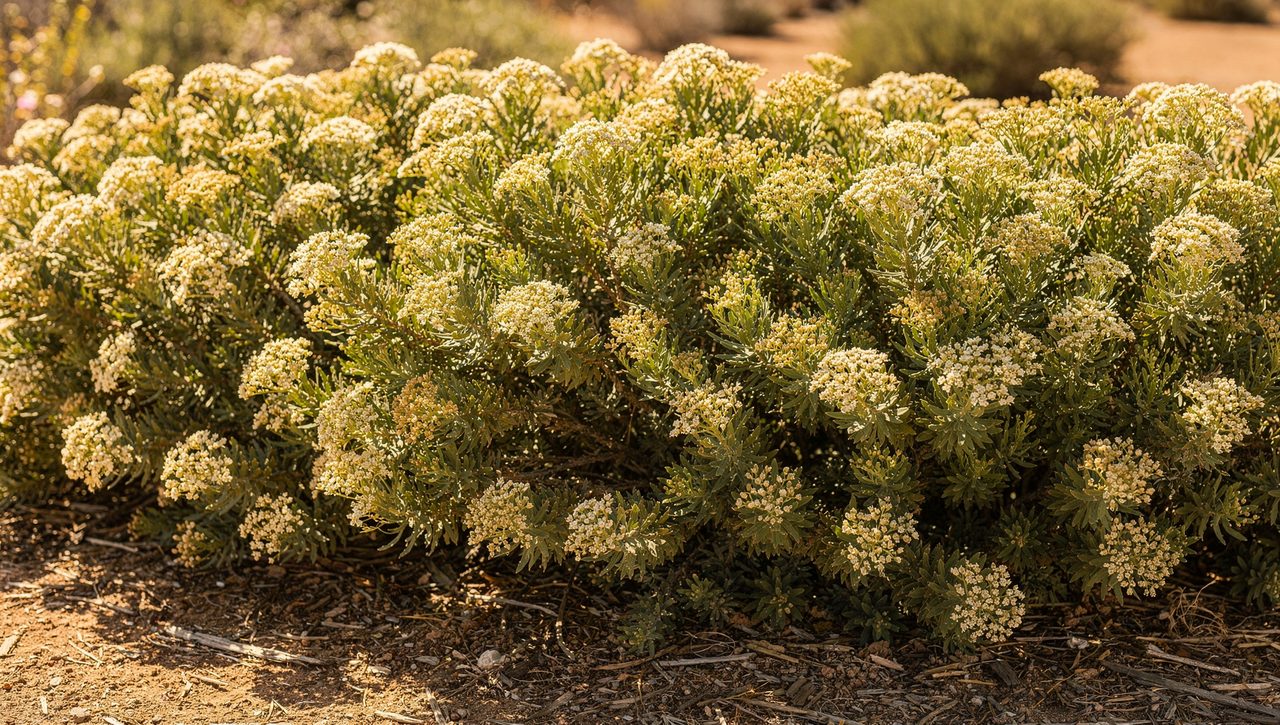 A flowering native shrub hedge with clusters of small cream blossoms and green foliage along a dry sunny garden edge, alive with visiting bees.