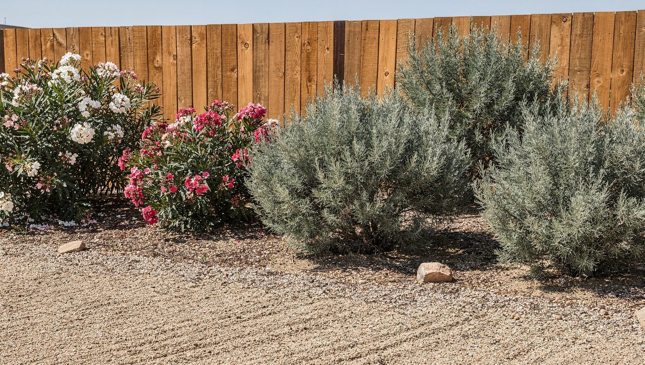 A mixed shrub border with silvery evergreen junipers and flowering oleander against a fence in bright dry-climate sunlight with gravel mulch.