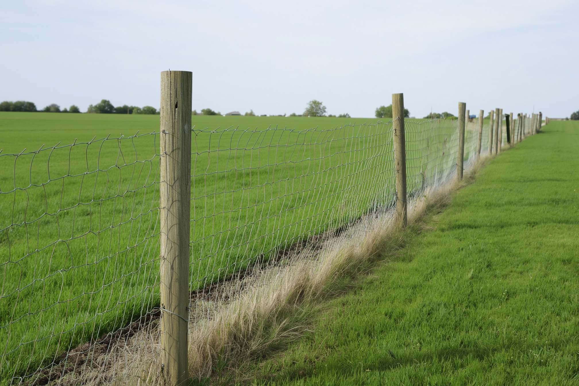 A woven-wire field fence with wooden corner posts running along the edge of a green pasture on a small farm