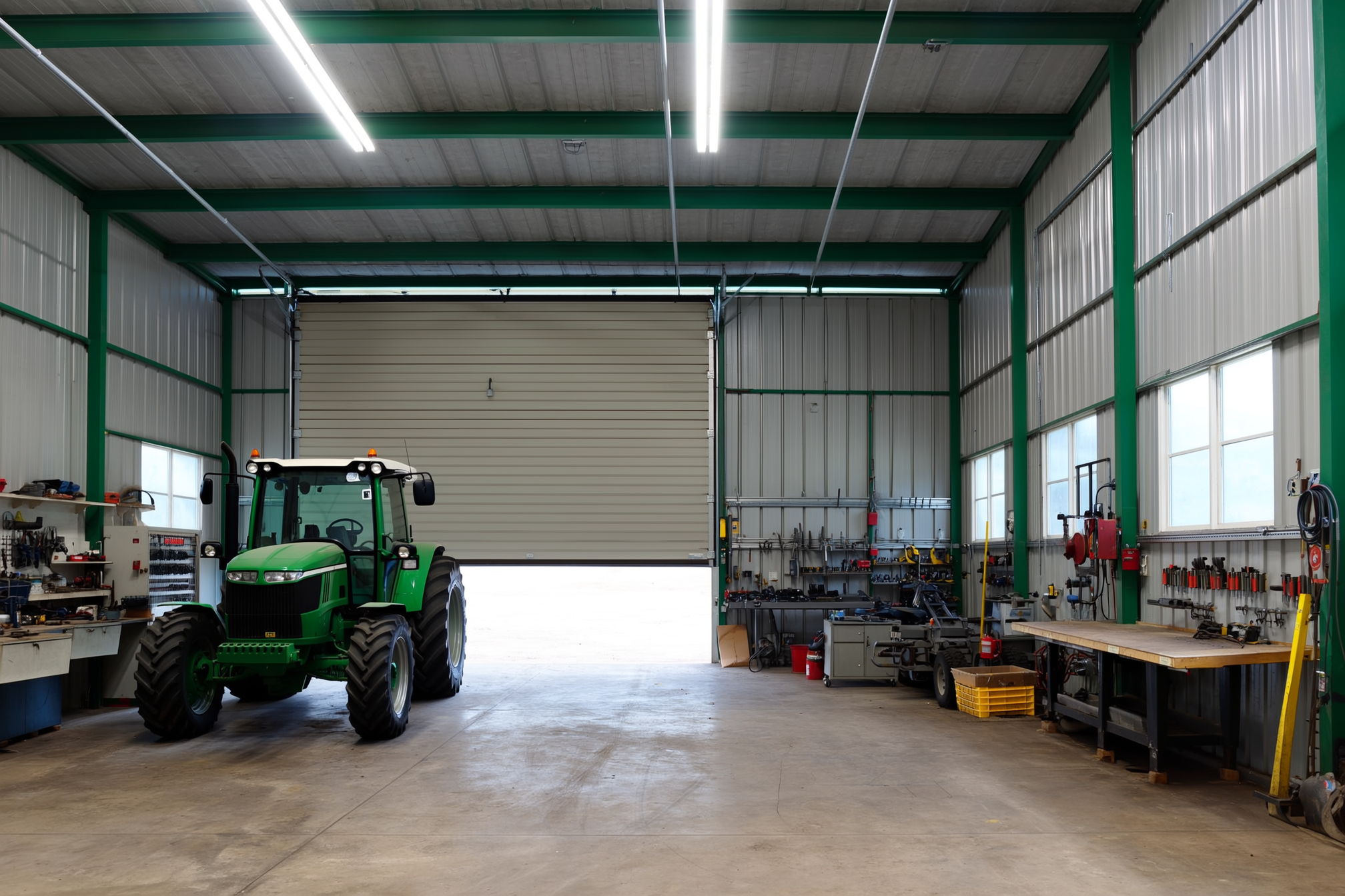 Interior of a metal-frame farm workshop with a concrete floor, a large open overhead door, a workbench, and a tractor parked inside