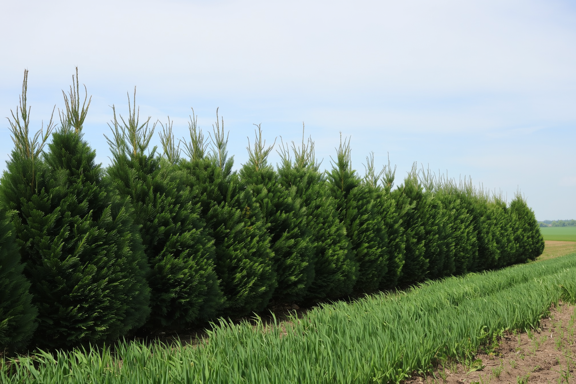 A multi-row evergreen windbreak of spruce and pine along a farm field boundary, sheltering cropland, with a grassed swale in the foreground