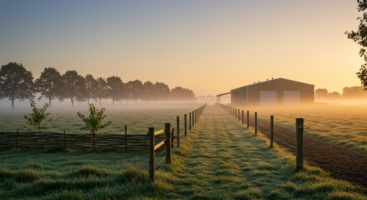 A photorealistic image showcasing a modern farm's infrastructure at sunrise. A durable woven wire fence runs diagonally towards a large, functional farm shop with tall bay doors. A multi-row windbreak of trees stands in the foreground, providing natural protection. The scene highlights sustainable design with a muted color palette and soft lighting.