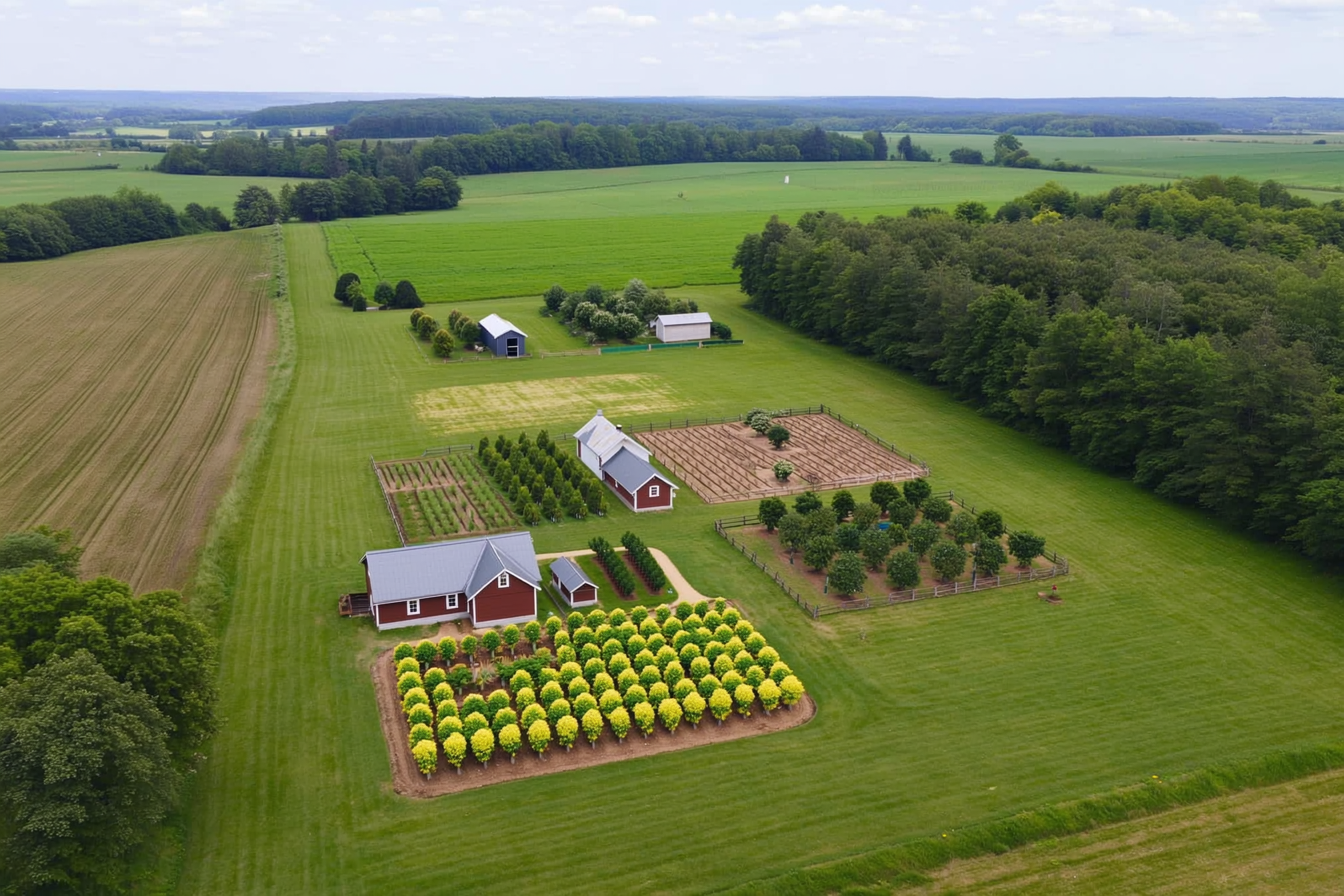 Aerial view of a small farm arranged in zones, with a kitchen garden by the house, an orchard and coop further out, and pasture and woodlot at the edges