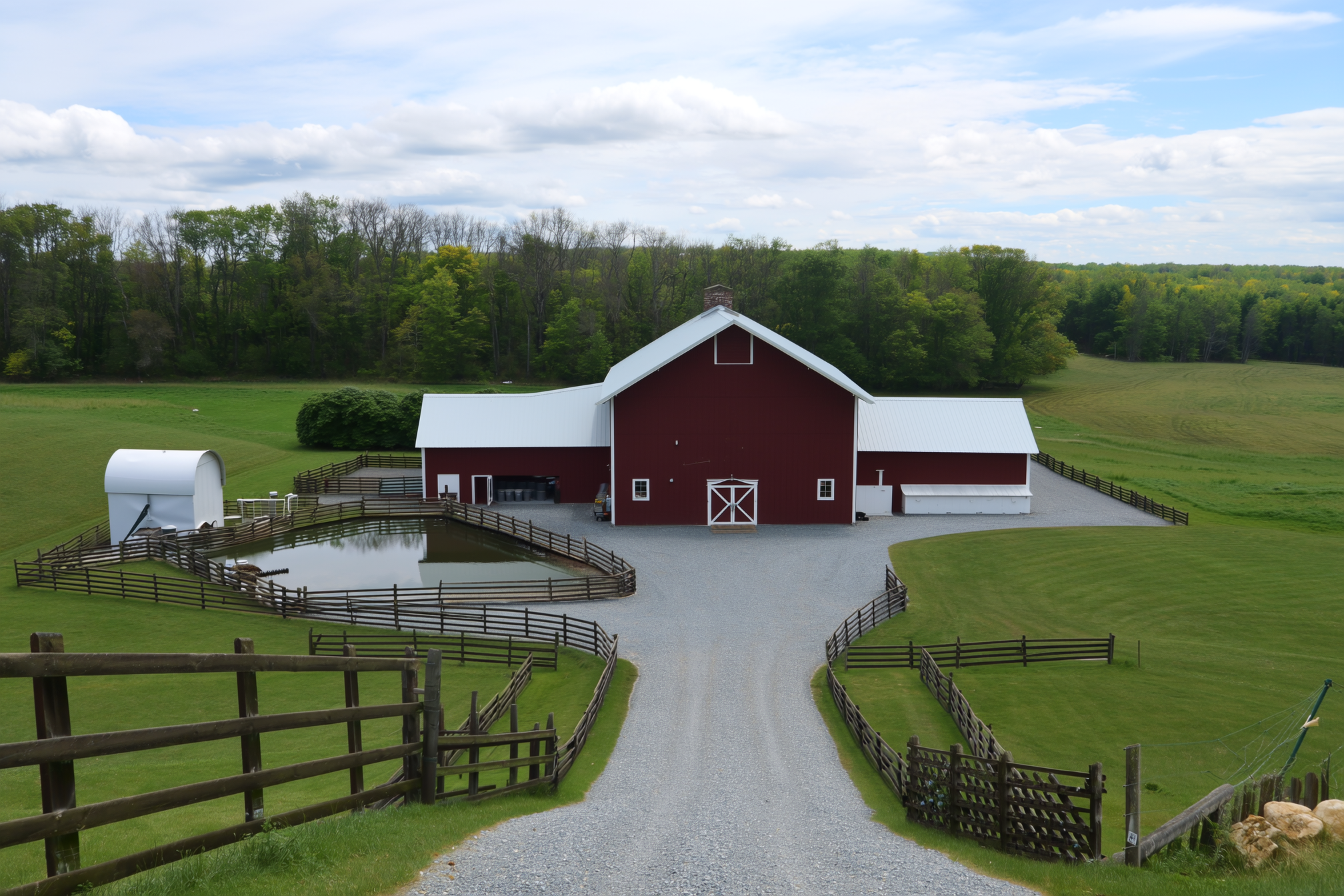 A farmyard centered on a barn with a wide gravel access lane, nearby feed storage and water trough, and fenced paddocks branching off