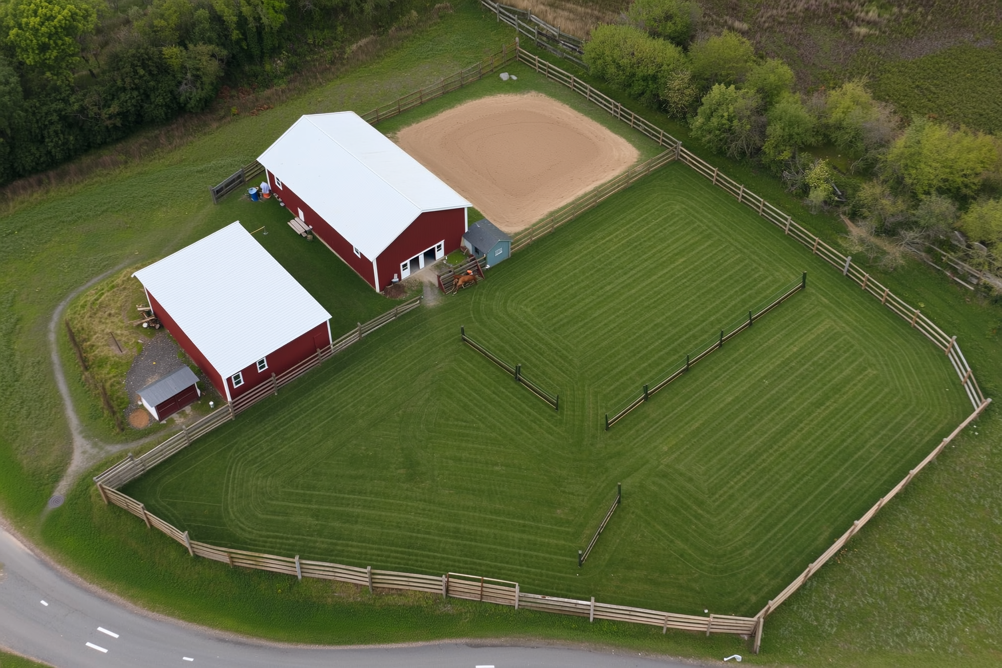 Aerial view of a small horse farm with a barn, a dry lot near the barn, four rectangular grass paddocks with gated fencing, a run-in shed, and a riding arena