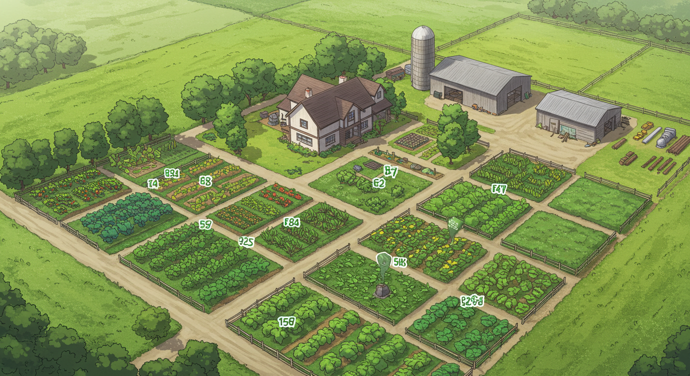 An aerial view of a meticulously planned small organic farm. A light-colored farmhouse stands at the center, with a vivid green kitchen garden immediately adjacent. Beyond that, a barn and outbuildings are nestled amidst expansive, well-maintained pastures. Clear, wide pathways suitable for machinery crisscross the landscape, illustrating an efficient layout designed for practical accessibility and sustainable use.