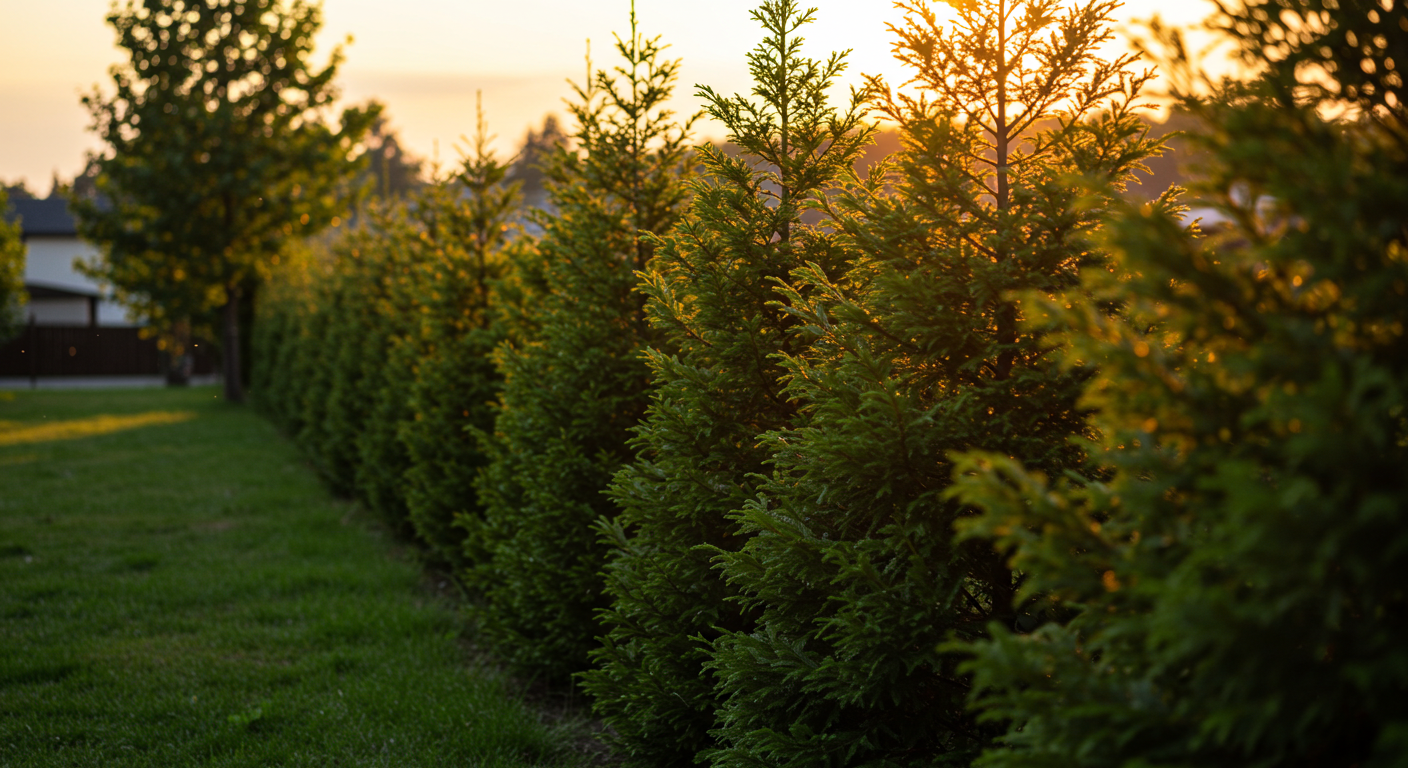 A photorealistic image showing a newly established, dense privacy screen of green giant arborvitae trees planted closely together along a property boundary. The evening sun casts warm light through their thick, dark green foliage, highlighting the layered texture of the branches, creating a sense of natural privacy and seclusion.