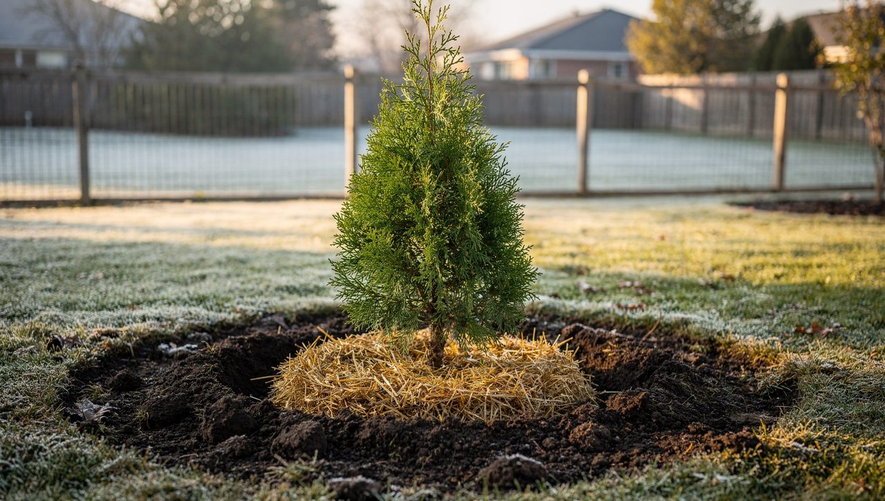 A young evergreen privacy tree freshly planted in dark loosened soil along a backyard line with a ring of straw mulch around its base.