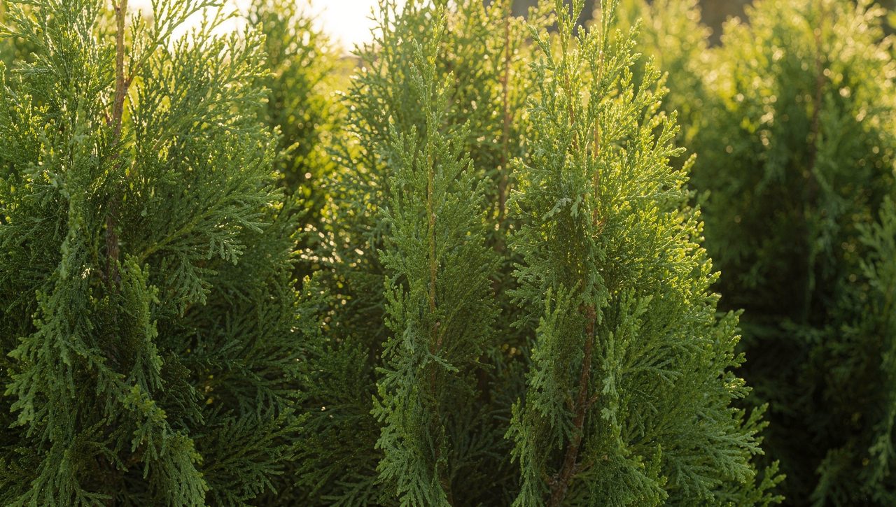 A close view of dense columnar evergreen foliage on a privacy screen tree with afternoon light filtering through the green needles.