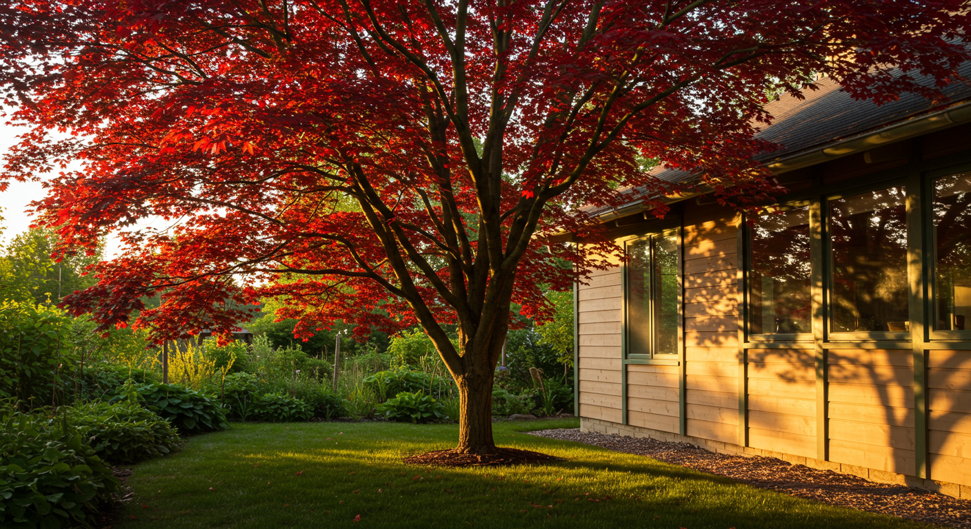 A large, mature red maple tree with its characteristic broad canopy shades the west-facing wall of a light-colored modern house during the late afternoon, illustrating effective home cooling through strategic tree planting.