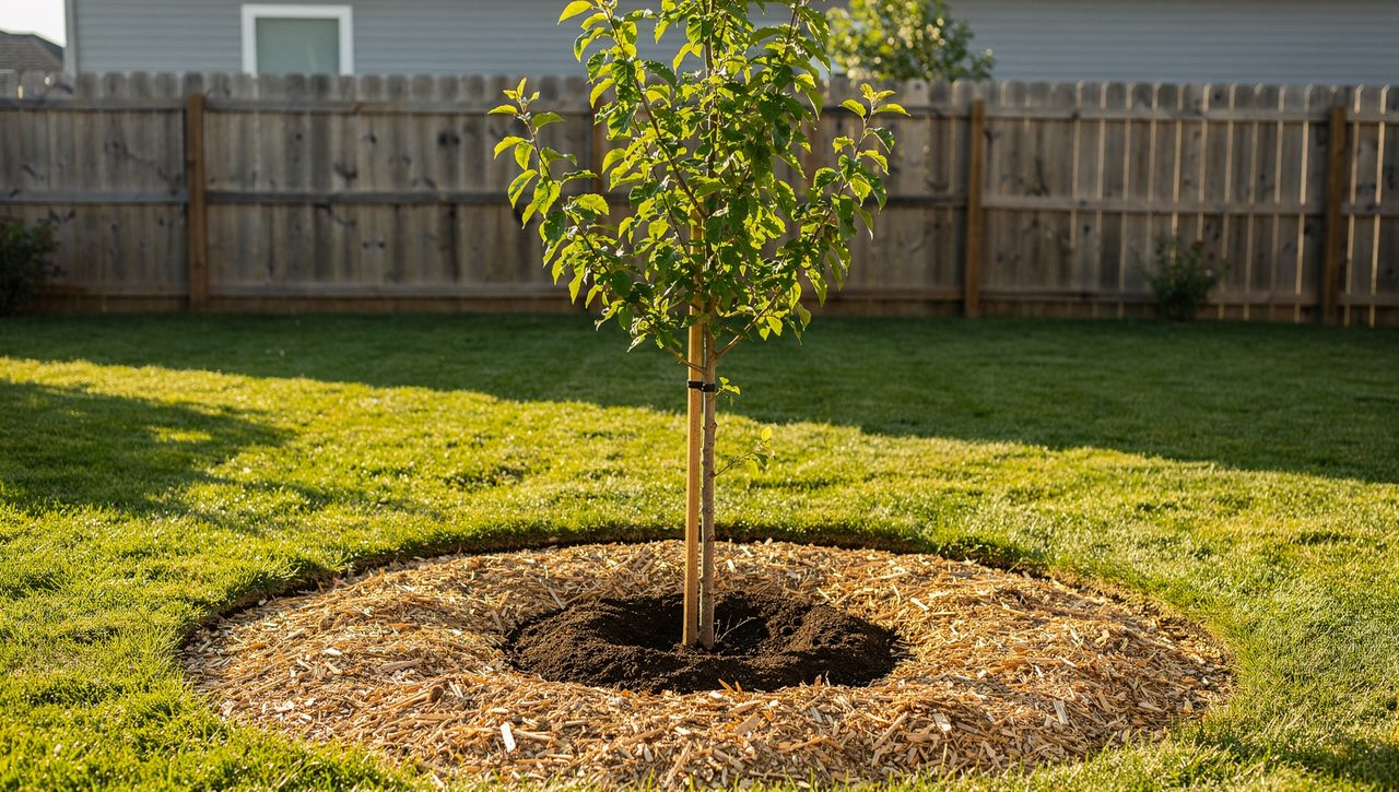 A young deciduous shade tree freshly planted in a lawn with a wide ring of wood-chip mulch around its base on a clear morning.