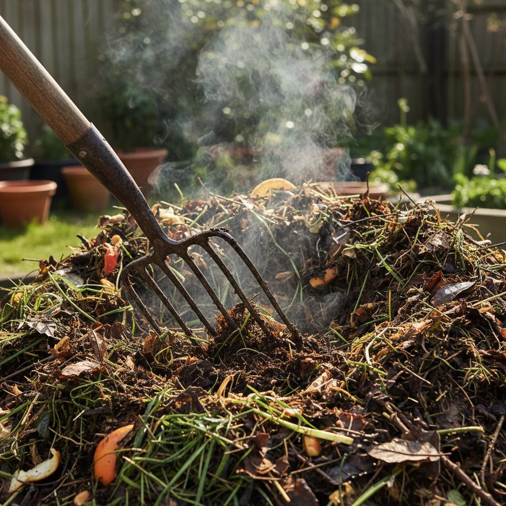 A close-up photograph of a gardener turning an active, steaming compost pile with a pitchfork in a backyard garden.