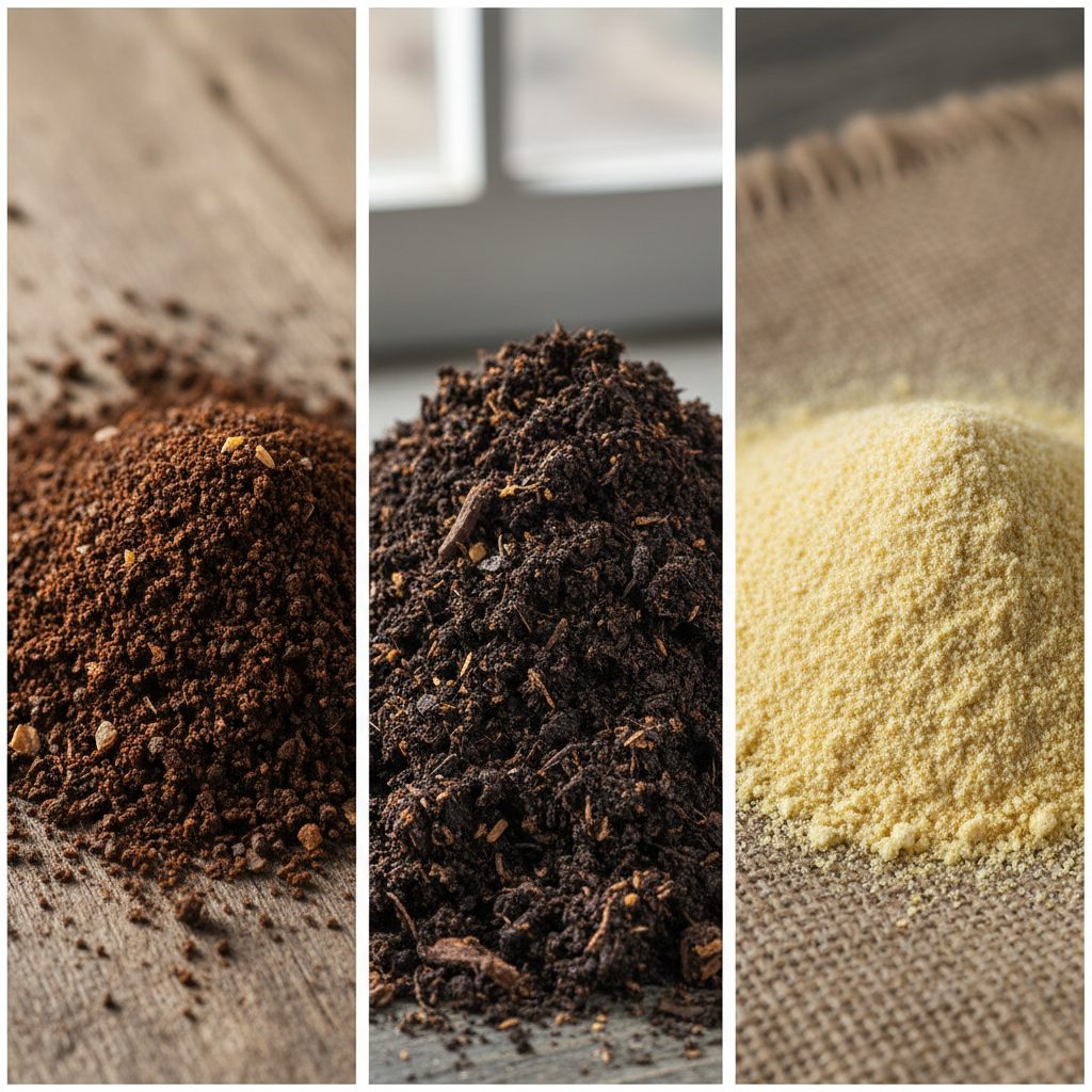 A grid of photos showing finished compost, coffee grounds, and soybean meal.