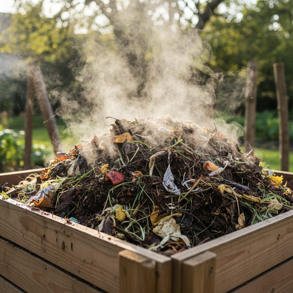 A steaming compost pile showing heat escaping from the core during winter.