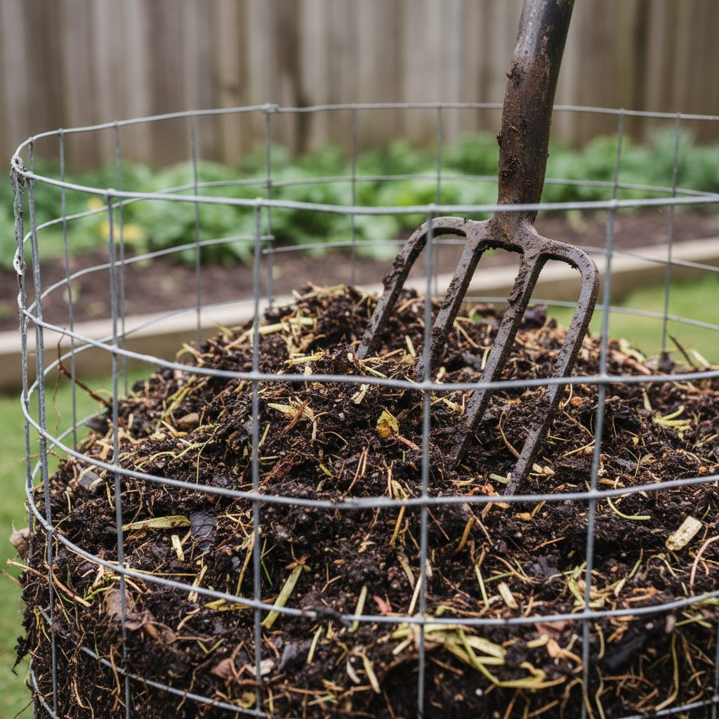 A pitchfork lifting dark compost to allow air circulation into the pile.