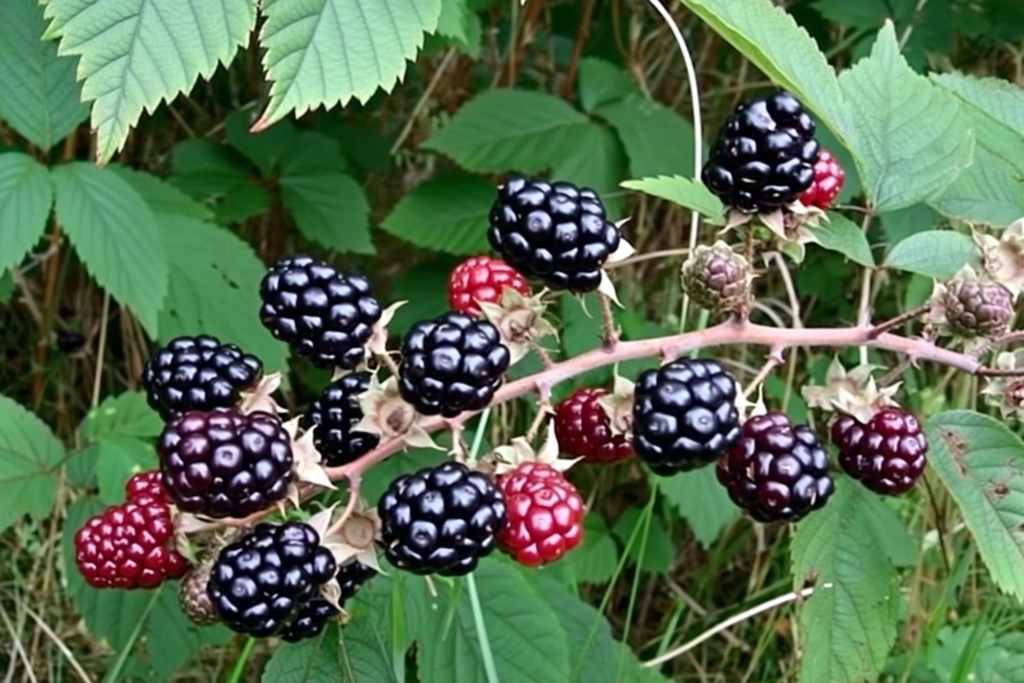 Ripe and ripening wild blackberries on a thorny cane, the dark aggregate fruit made of clustered drupelets among green leaves