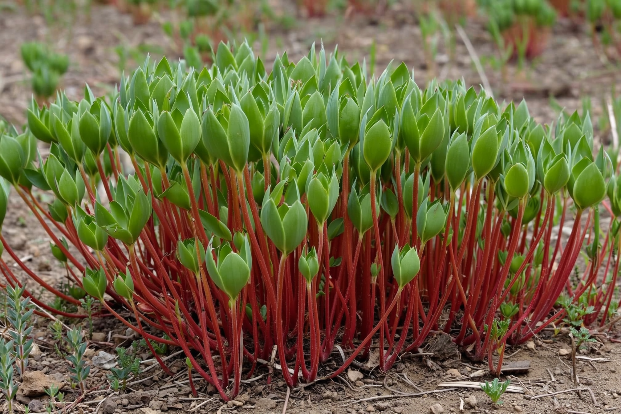 A low mat of common purslane on bare soil, with smooth reddish succulent stems and thick spoon-shaped green leaves
