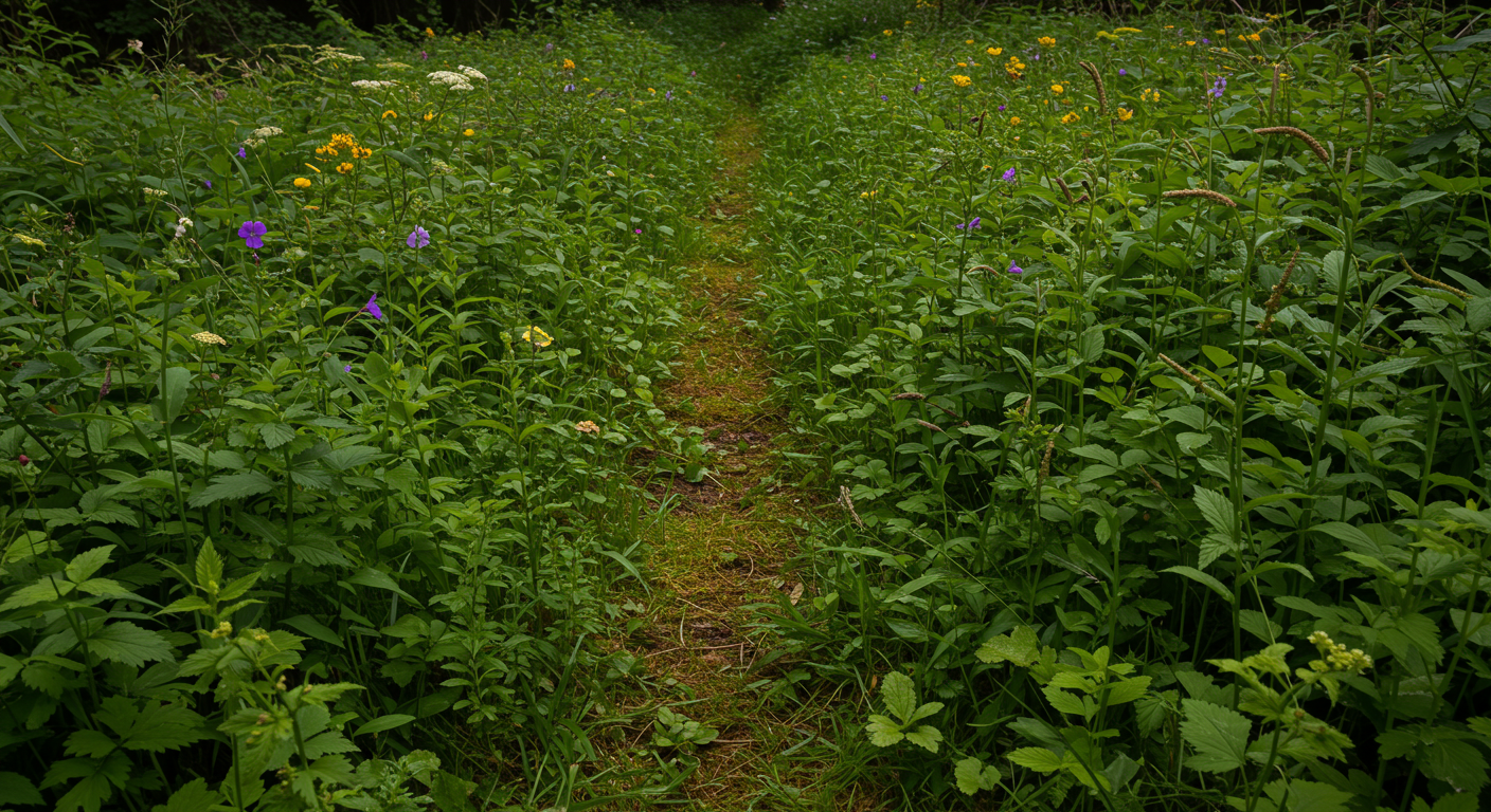 A hand harvesting wild dandelion leaves and chickweed in a basket on a grassy forest floor.