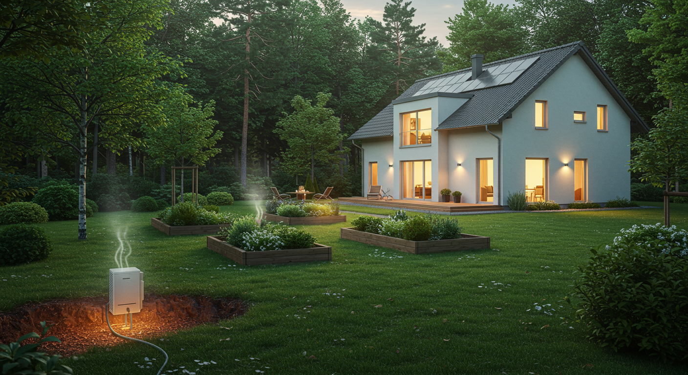 A serene, modern home with a well-manicured garden, featuring a discreetly visible geothermal ground loop pipe subtly emerging from the earth in the foreground. The warm glow from inside the house and the lush green surroundings emphasize comfort and environmental harmony achieved through geothermal energy.