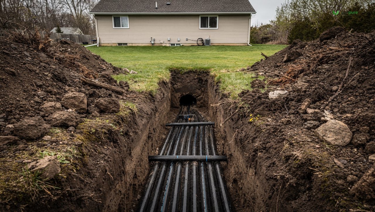 Coiled HDPE ground-loop pipe in an open backyard trench on a rural homestead, ready to be buried four to six feet deep for a horizontal geothermal loop.