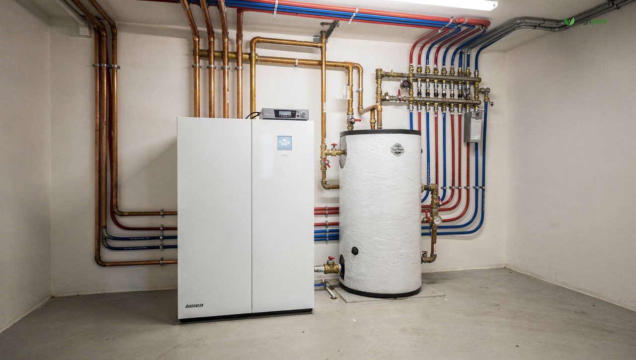Indoor geothermal heat pump unit and water tank in a tidy residential mechanical room, with insulated supply pipes running to the ground loop, no people in frame.