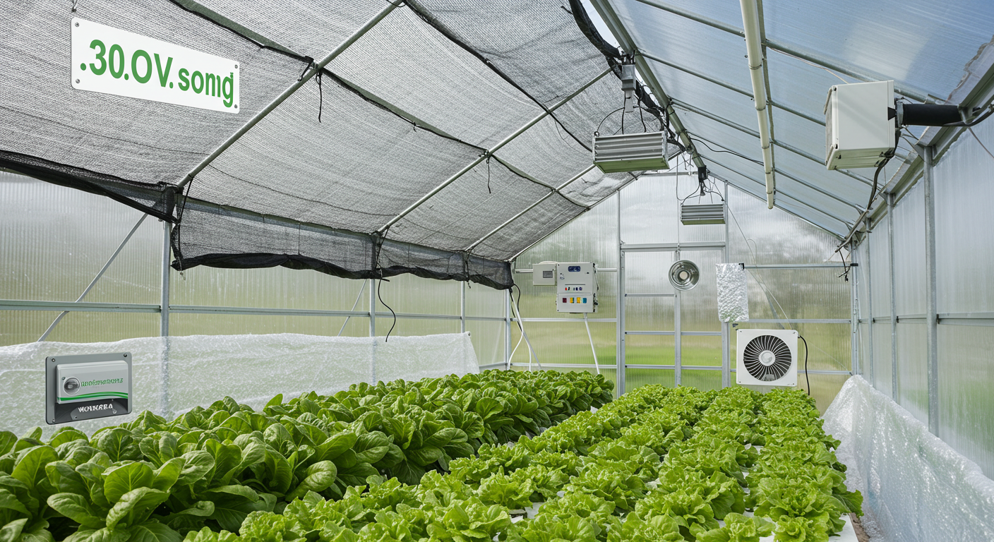 Inside a climate-controlled greenhouse, a section of light green shade cloth covers the ceiling, while a brown wax-cylinder automatic vent opener is subtly active. A white exhaust fan hums gently in the background, ensuring air circulation, and clear large-bubble insulation lines one side wall. Healthy green plants thrive in the diffused light, showcasing effective temperature management.