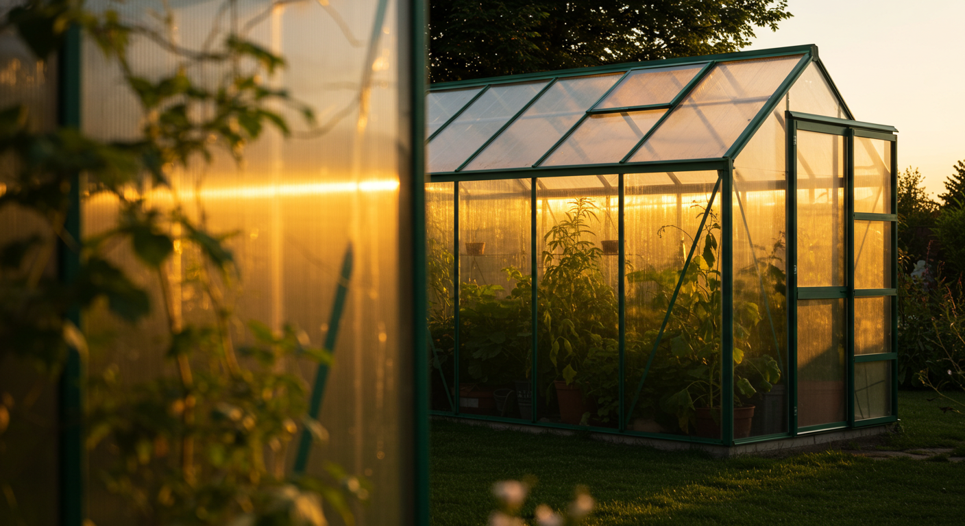 A beautifully designed backyard greenhouse with a combination of transparent polycarbonate and classic glass panels, showcasing vibrant green plants thriving within. Sunlight streams through the structure, highlighting its architectural details and the verdant interior. The frame features subtle dark green accents.