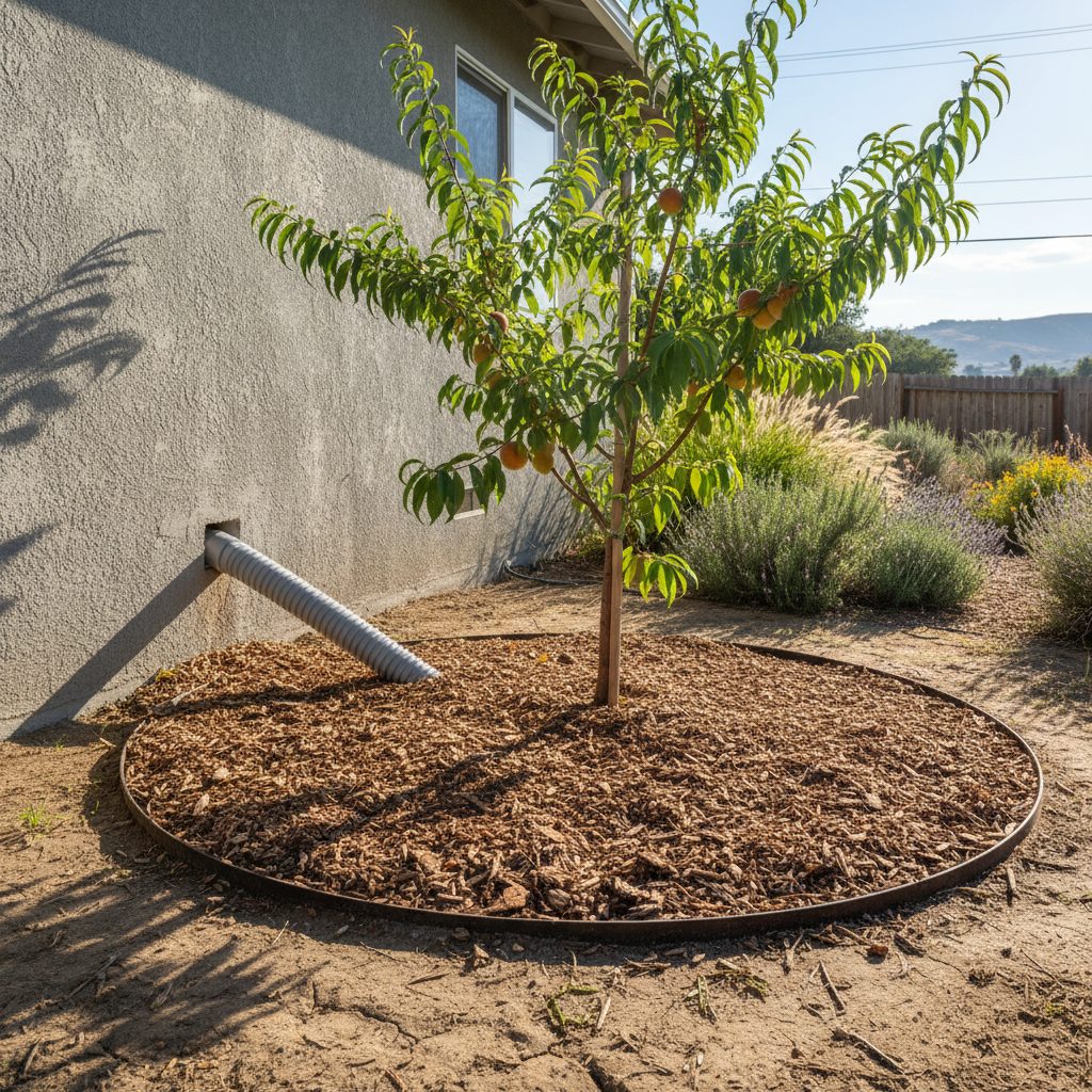 A grey PVC pipe extending from a residential building, disappearing into a wood-chip filled mulch basin at the base of a young peach tree.