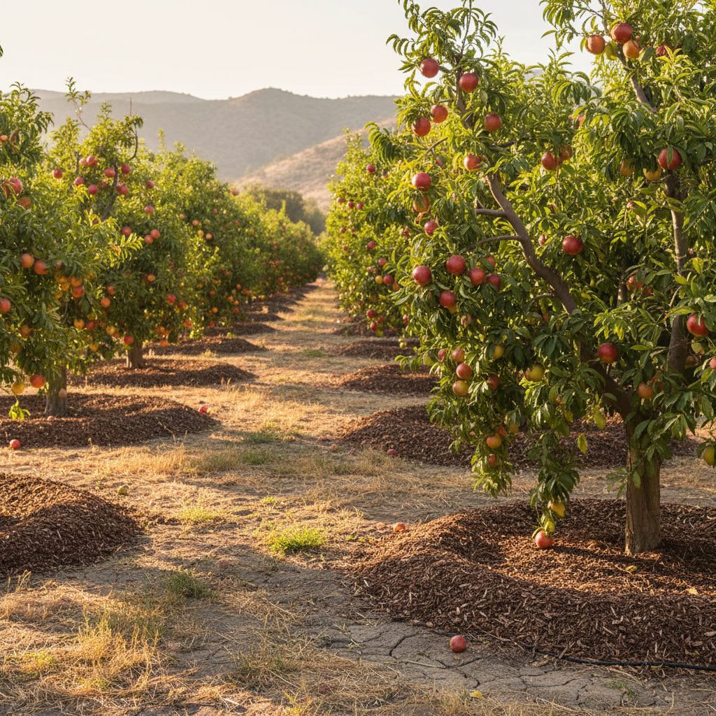 A flourishing fruit orchard with established trees, each surrounded by a mulch basin for water retention, under a clear sky in a dry US region.