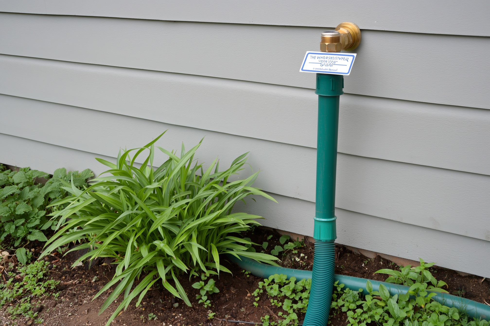 A washing-machine drain hose connected to a labeled brass 3-way greywater diversion valve on a laundry-room wall, a 1-inch white poly pipe leading off through the wall toward the garden