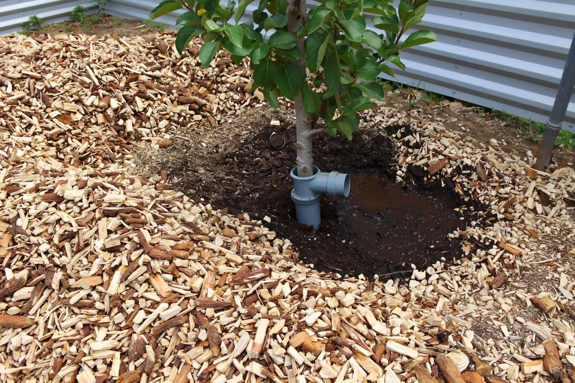 A wood-chip mulch basin dug around the base of a young fruit tree on a dry-climate homestead, a greywater pipe outlet discharging under the chips, the soil dark and damp where the water soaks in