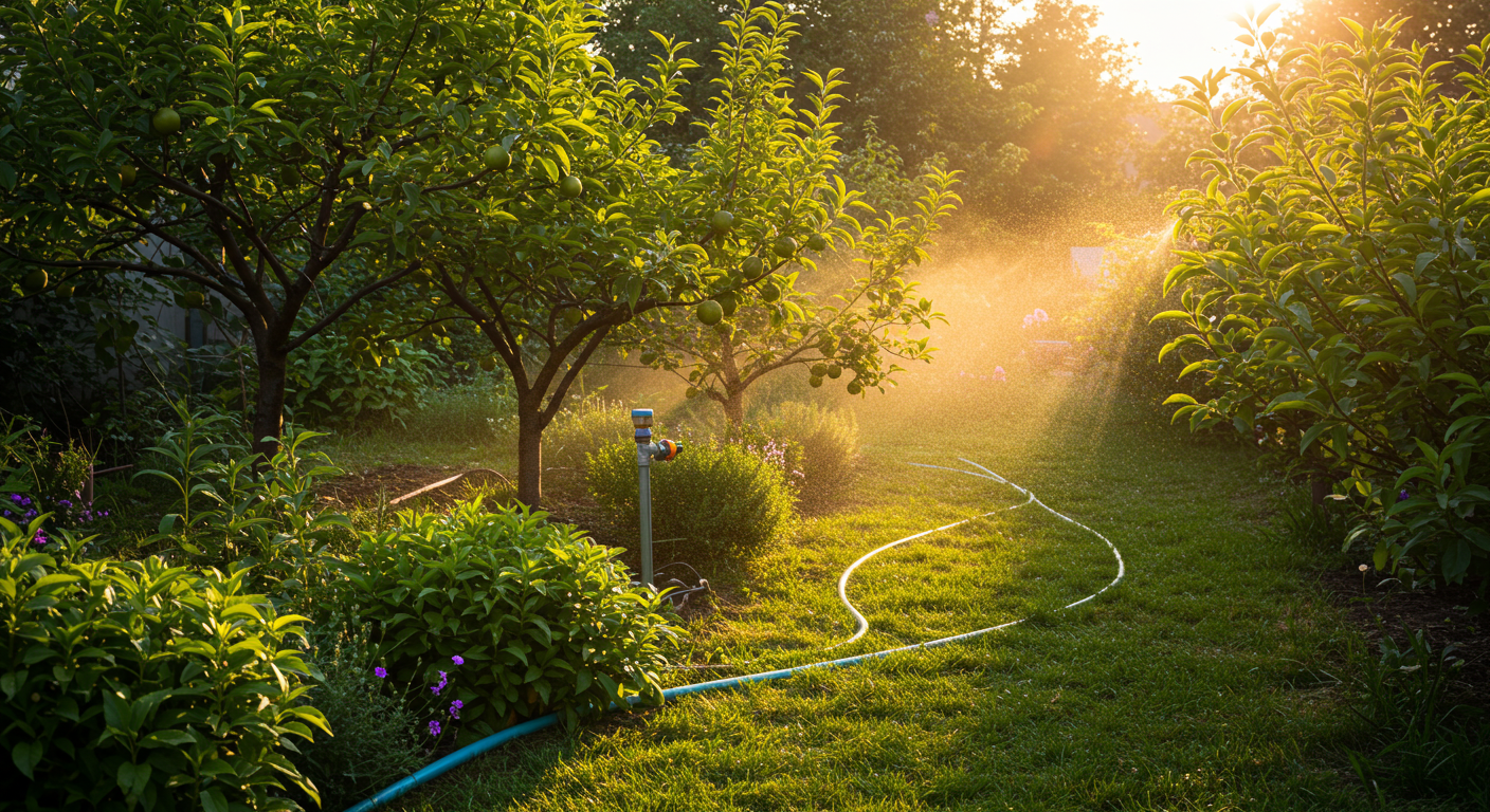 A close-up, ground-level view of an abundant home garden thriving with a subtle greywater irrigation system. Fruit tree bases are mulched, and a small, dark green drip line is visible delivering water directly to the soil, surrounded by healthy, green foliage under warm sunlight.