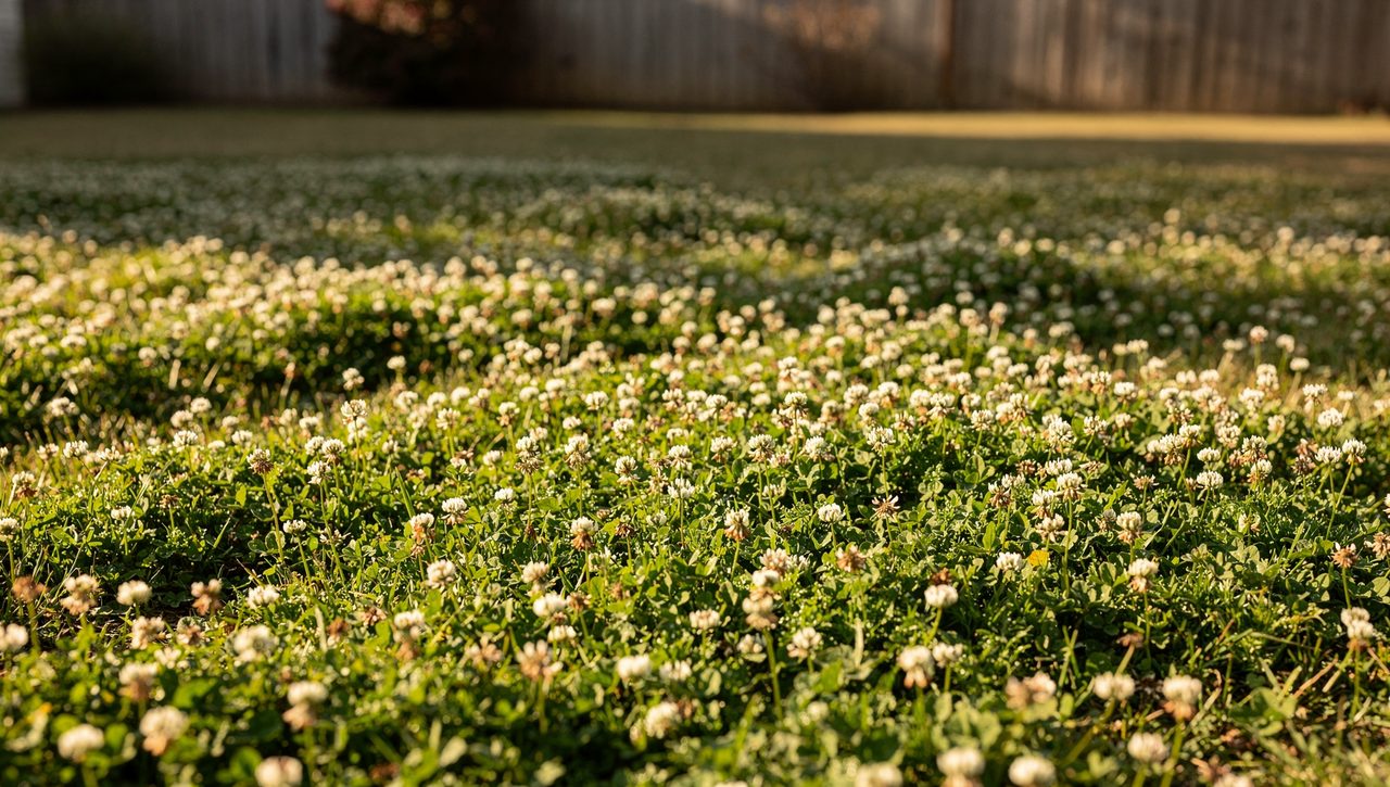 A backyard lawn of low white clover in flower replacing turf grass, dotted with small white blooms in soft afternoon light.